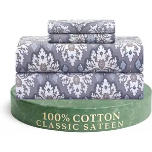 300TC  Size   Sateen Weave Printed Sheet Set, Cooling  Breathable Bed Sheets Set, 4 count 16" Elastic Deep Pockets, Soft Hotel Quality- ,  Damask