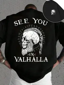 Men's Graphic Skull Print Round Neck Knit Streetwear T-Shirt, Casual Street Fashion, Casual Short Sleeve Top, Unique Collector Gift, Wearable Layering Option, All Seasons