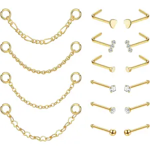 FINREZIO 16 Pcs Golden Exquisite Nose Chains Nose Studs for Women Men Unique Stainless Steel Piercing Jewelry Set 20G Nose Ring Chains Shining CZ Nose Studs with Chains Nose Stud Chain Nostril Piercing Jewelry Set