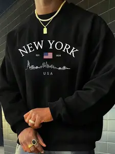 Men's New York City Logo Round Neck Sweatshirt, Nyc Vintage Streetwear Style, Casual Fitted Top for Daily Commute