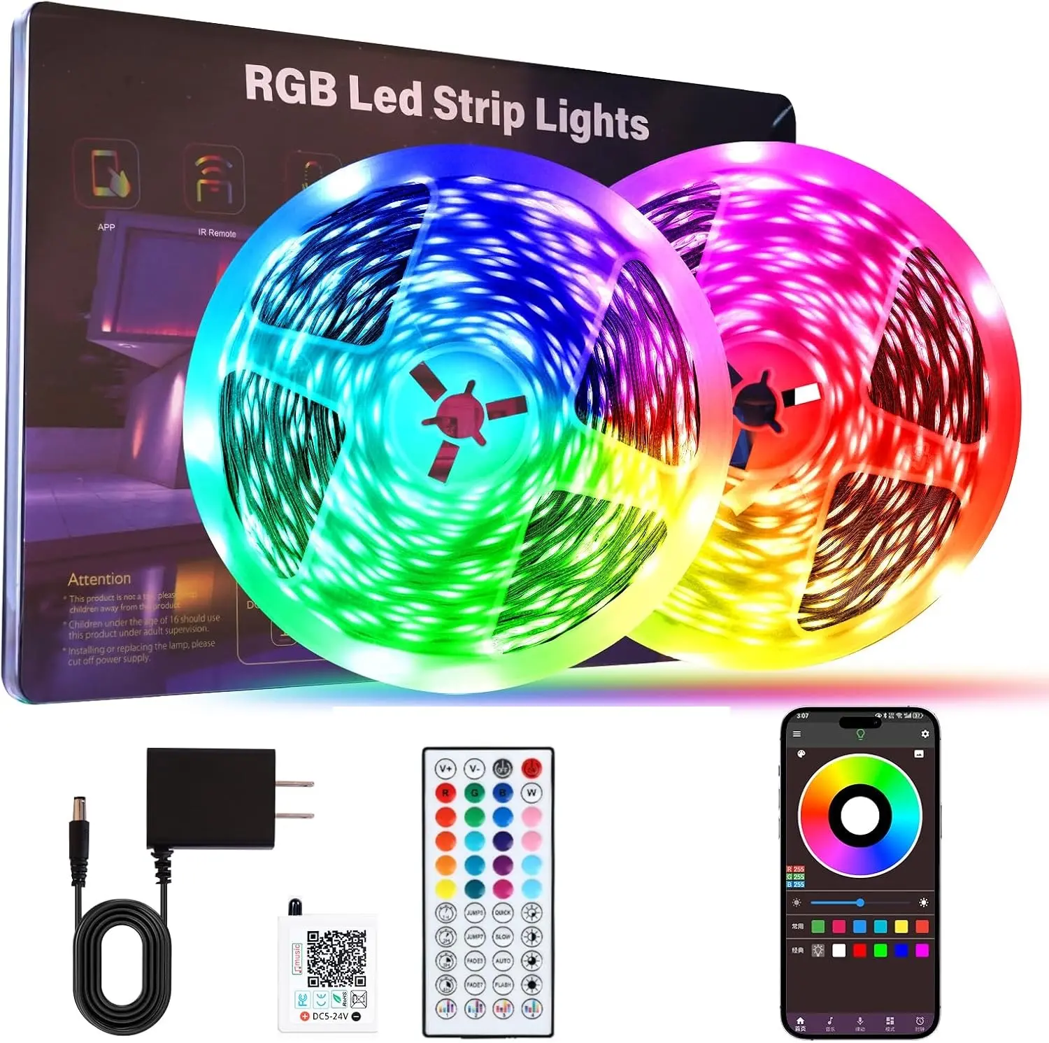 RGB LED Strip Lights Kit for Bedroom Indoor Decoration, 24V Power Supply, 44-Keys Remote Controller, Color Changing Home Improvement Lighting