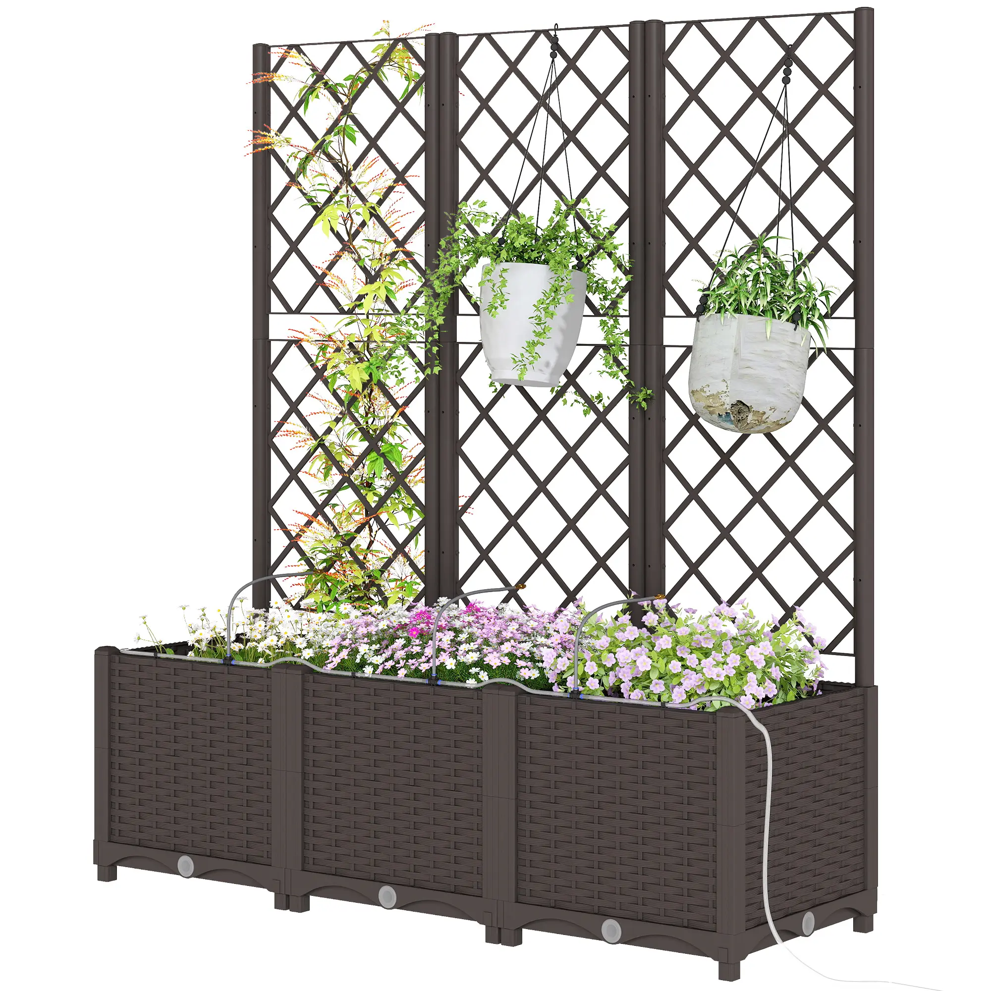 3PCS Heavy-Duty Plastic Planter Boxes with Trellis, Self-Watering Raised Garden Beds with Automatic Timer Kit & Smart Drip Irrigation System for Outdoor Patio, Balcony (Climbing Plants, Herbs)