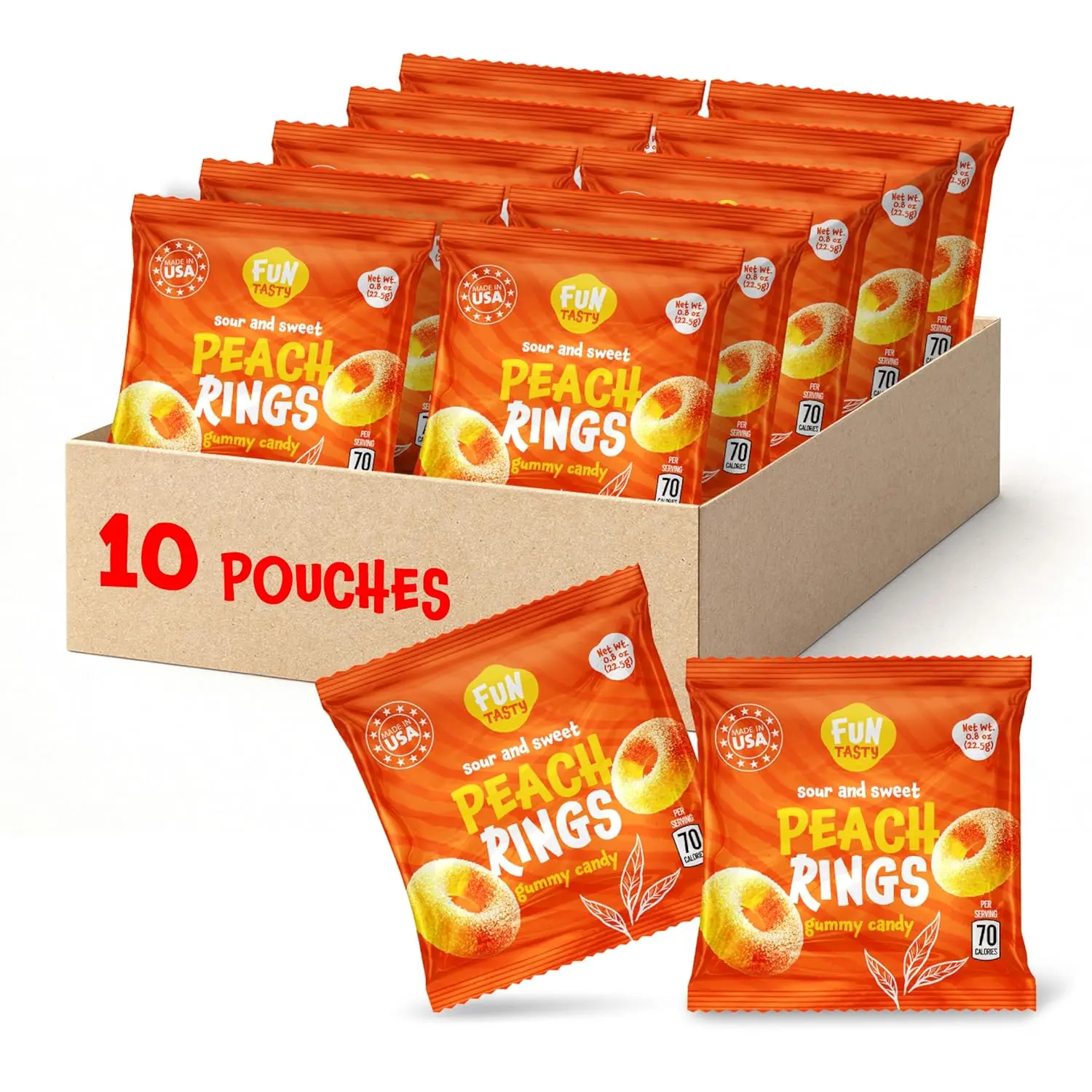 Peach Rings, Peach Gummy Candy Individually Wrapped - 10 Packs