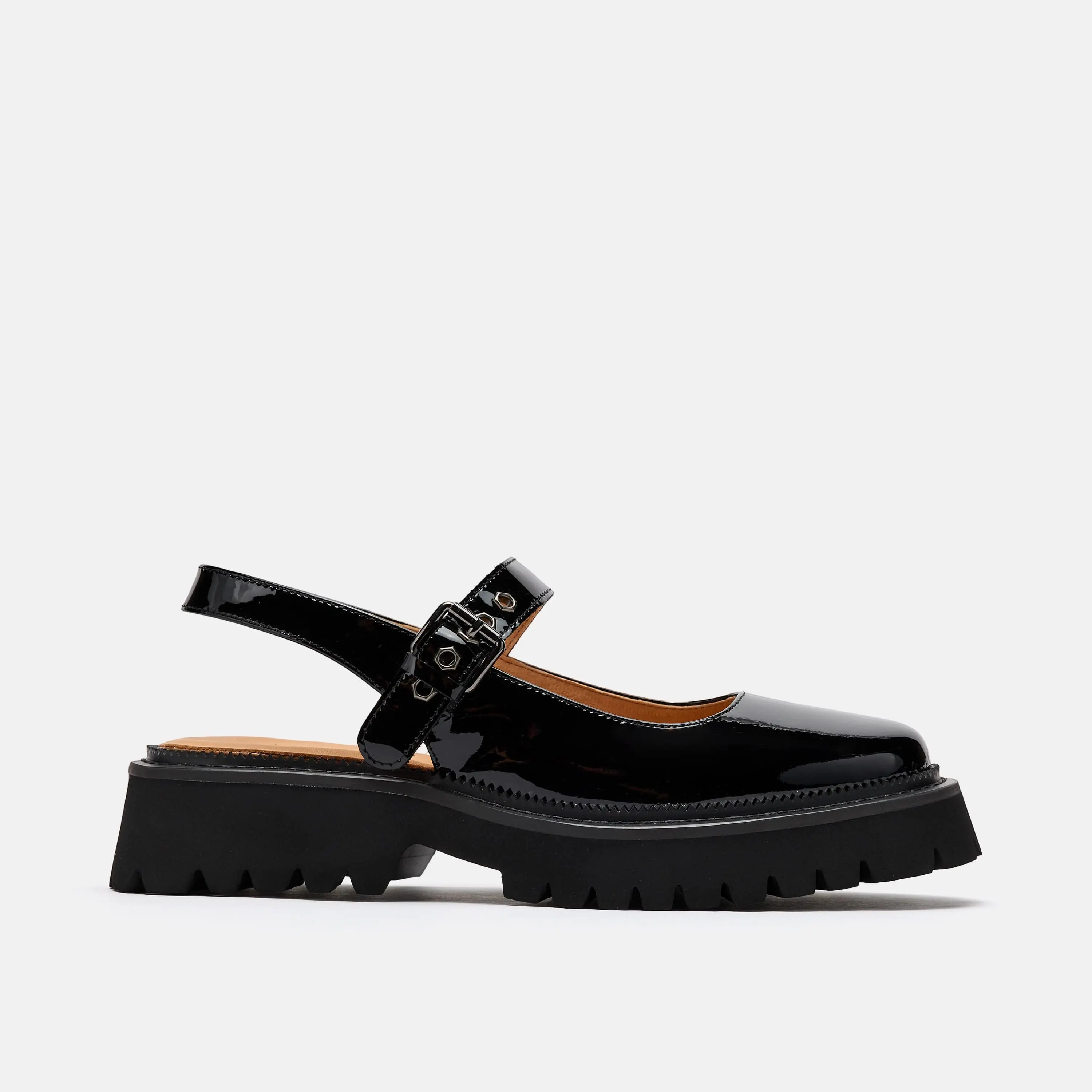 Luna Black Patent Leather Mary Jane Lug Slingbacks
