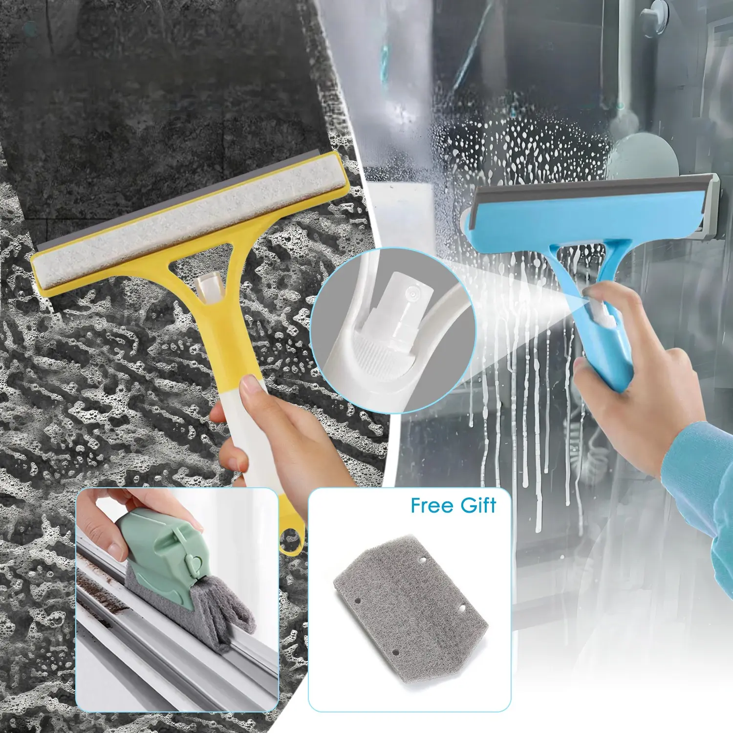 3-in-1 Durable Plastic Window Glass Cleaning Kit - Squeegee, Scrubber Sponge, Silicone Microfiber Wipe, Crack Brush Cloth, Spray Function, Lightweight Portable Household Tool with Soap