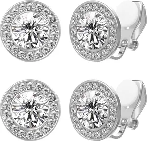 3 Pairs Clip on Dance Earrings Crystal Clip On Stud Halo Earrings Rhinestone Ear Clips Silver Round Earring Jewelry Gifts for Women Dance Stage Opera Performance Wedding Party Jewelry