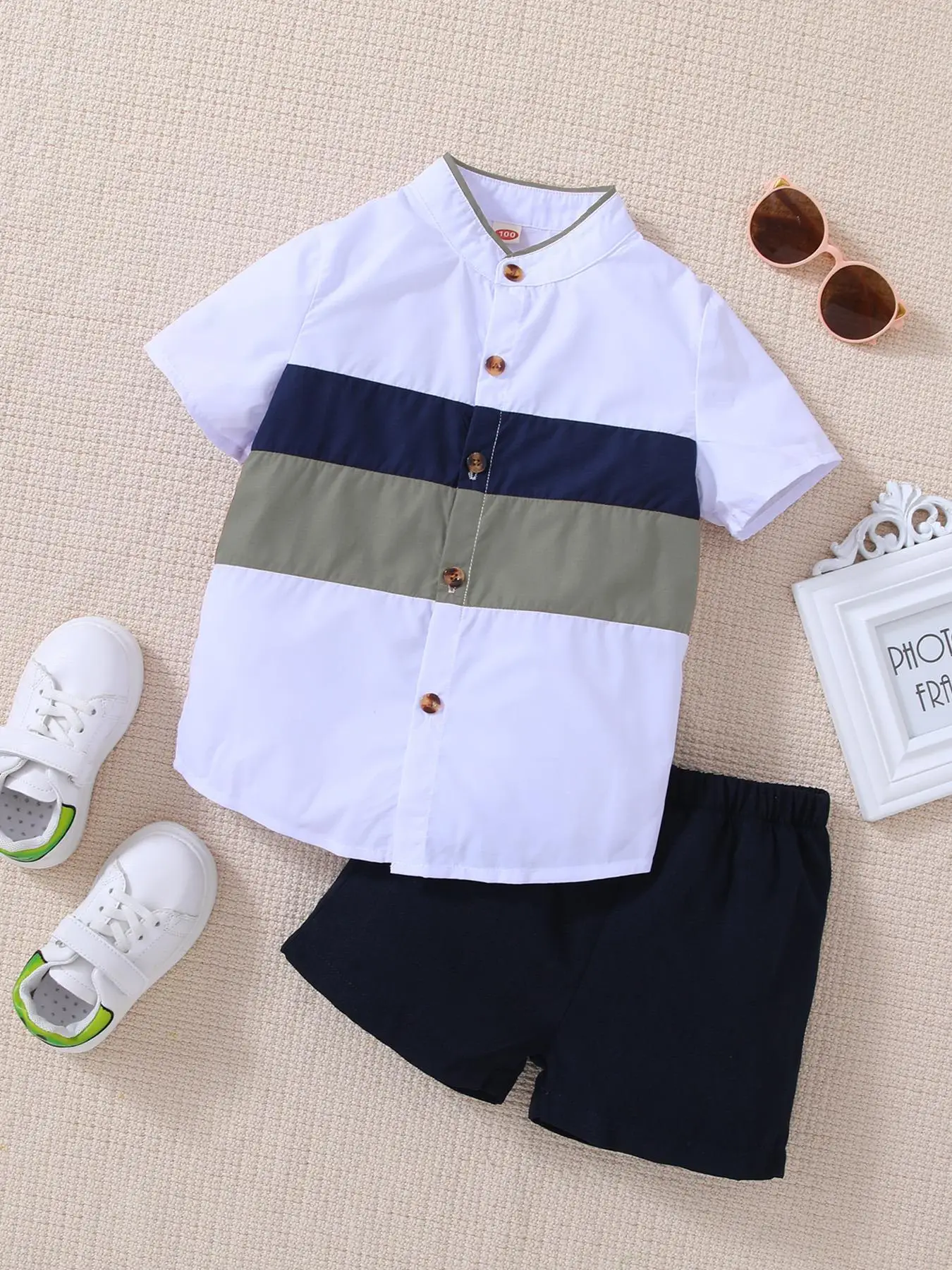 Toddler Boy's Striped Print Two-piece Set, Casual Short Sleeve Button Front Shirt & Elastic Waist Shorts Set, Kids Summer Clothes