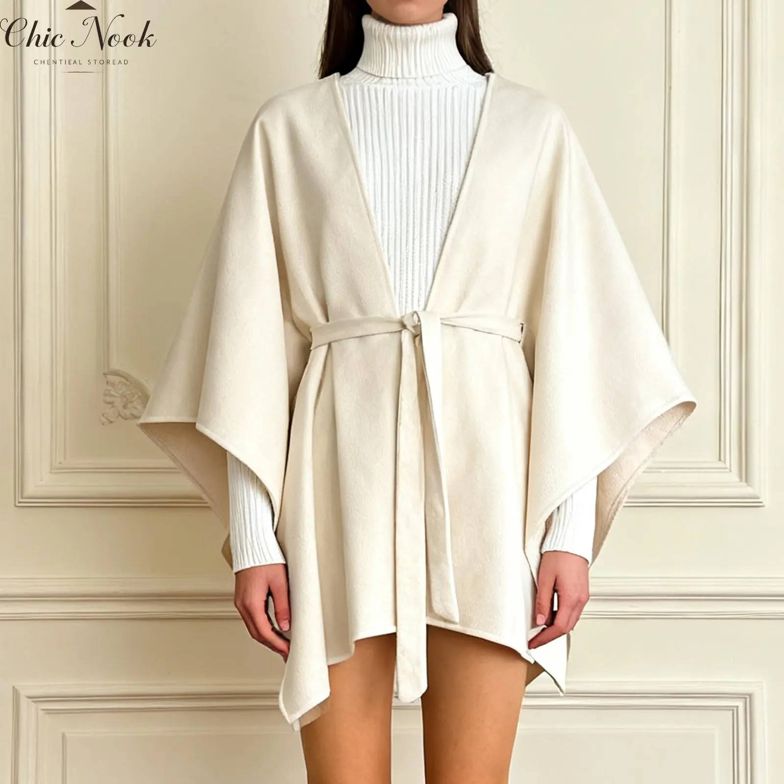 Women Cloak, 3/4 Sleeve Open Front Solid Fall Jacket Outwear with Belt for Casual Daily
