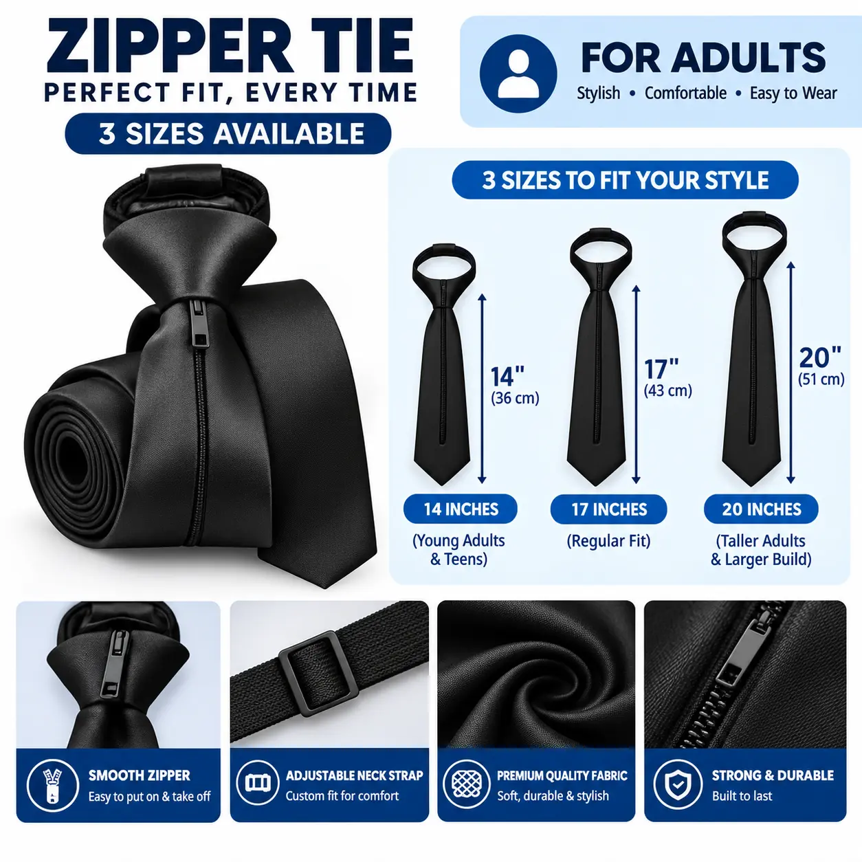 Men's Luxury Daily Polyester Zipper Tie Design Accessory - Multi-Size (14in,17in,20in) Box-Packed, Suit and Tie Complement, Handmade Gifts for Christmas/Birthday, All-Season Fashion for Boys