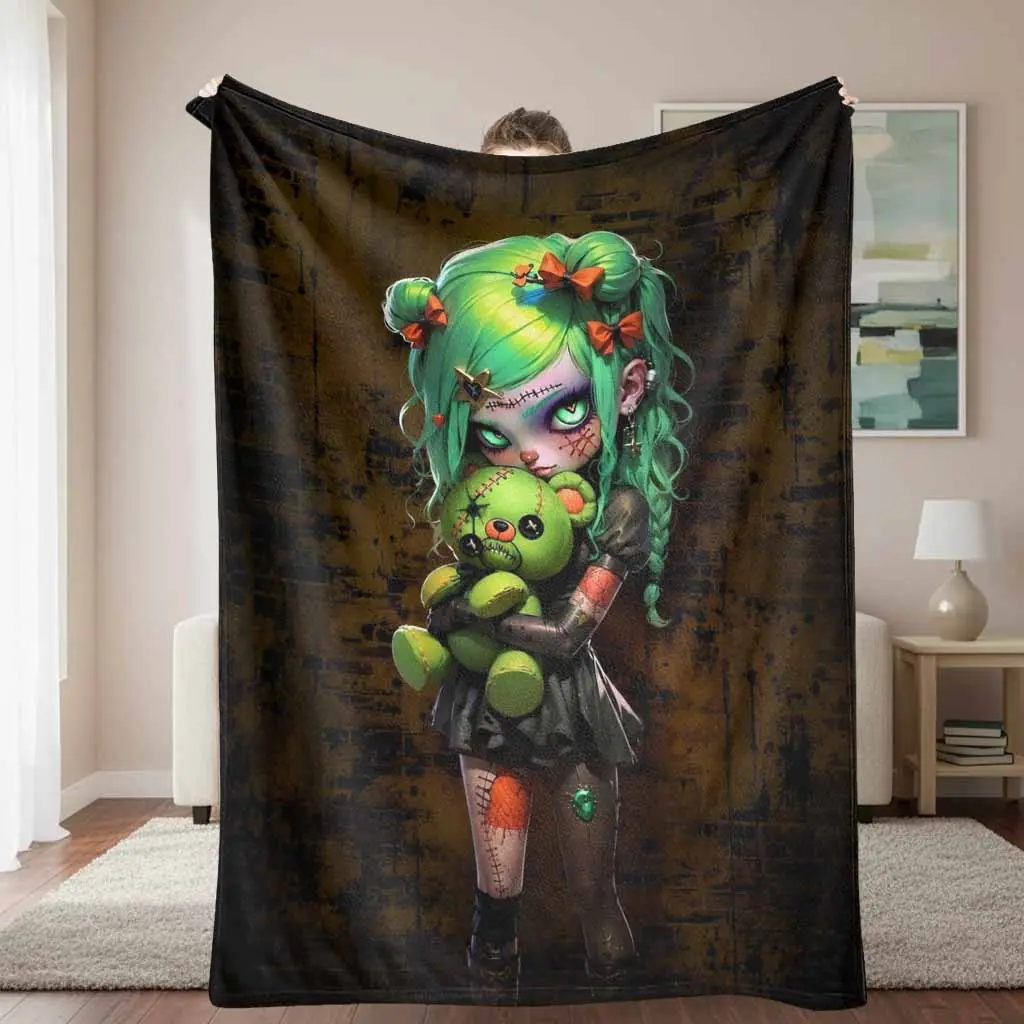 Gothic Green Doll Flannel Throw Blanket - Creepy Cute Stitch Print, Soft, Warm, Cozy, Durable, Decorative, Wrinkle Resistant, Breathable - 30*40 in for Bedroom, Halloween Gift, 30*40 Inches, 40*50Inch（Small For Kids Childs）