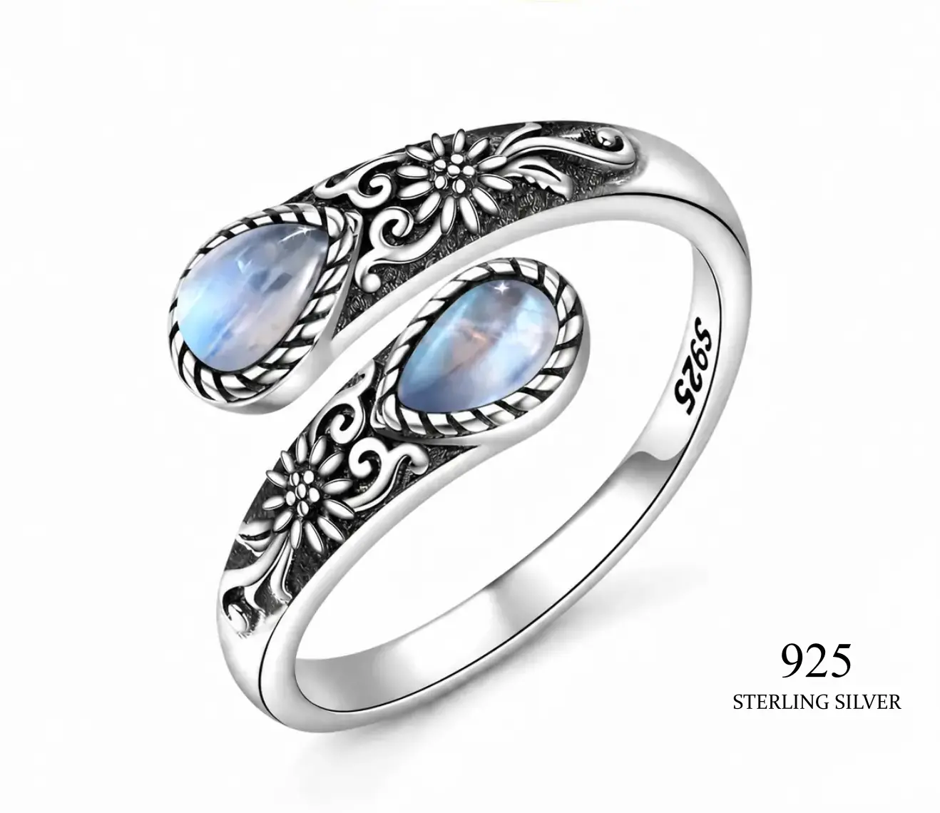 Women S925 Silver Moonstone Adjustable Thumb Ring, Vintage Victorian Boho Floral Open Band, Nickel Free Hypoallergenic Lucky Mom Love Ring, Holiday Valentine Halloween Easter Gift