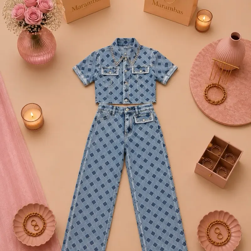 Pattern denim set with rhinestones