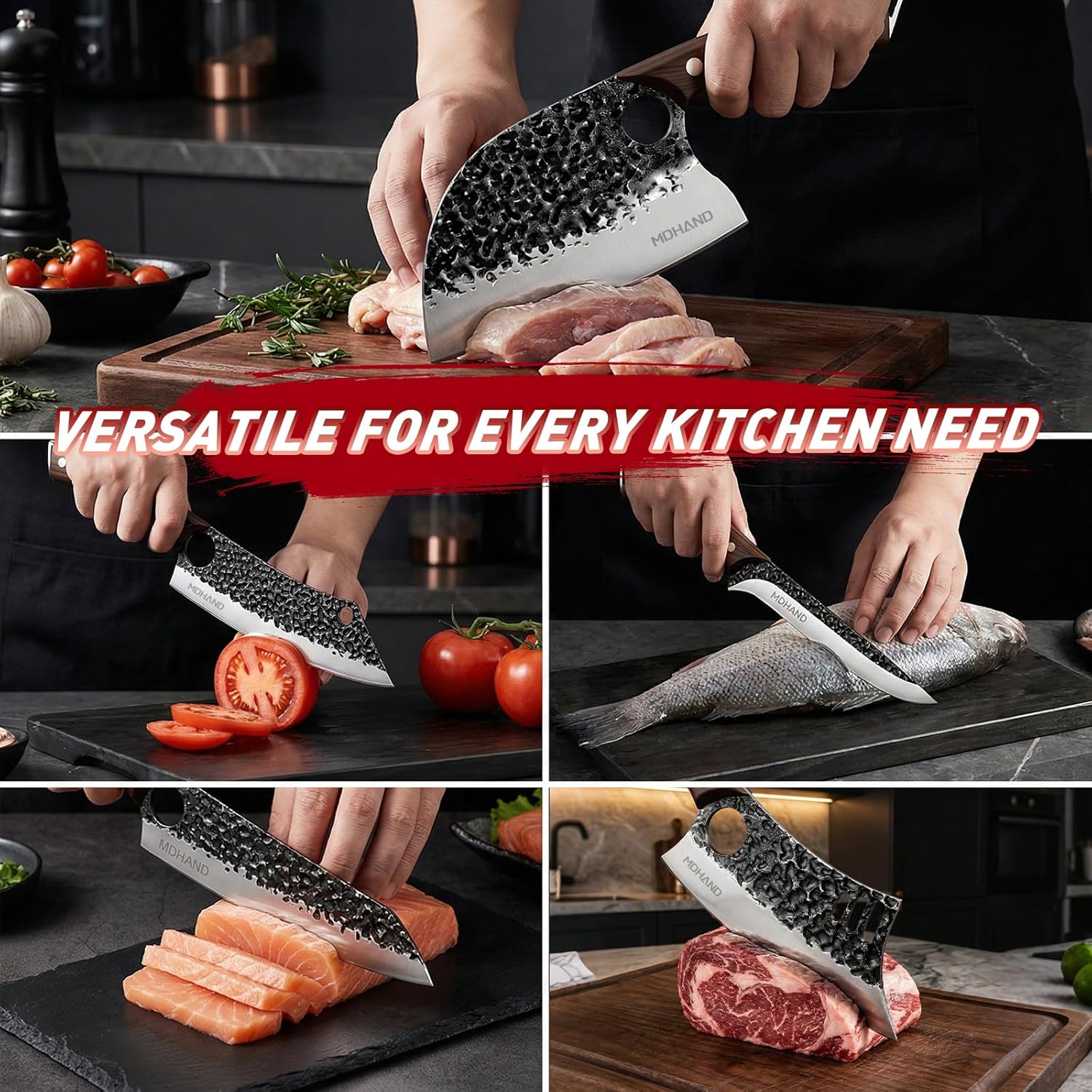 MDHAND Professional Chef Knife, Kitchen Knife Set, Butcher Knife, Hand Forged Serbian Chef Knife Set with Bag, High Carbon Steel Full Tang Kitchen Knives Set, Meat Cleaver & Boning Knife for Brisket Trimming BBQ Camping, Best Gift