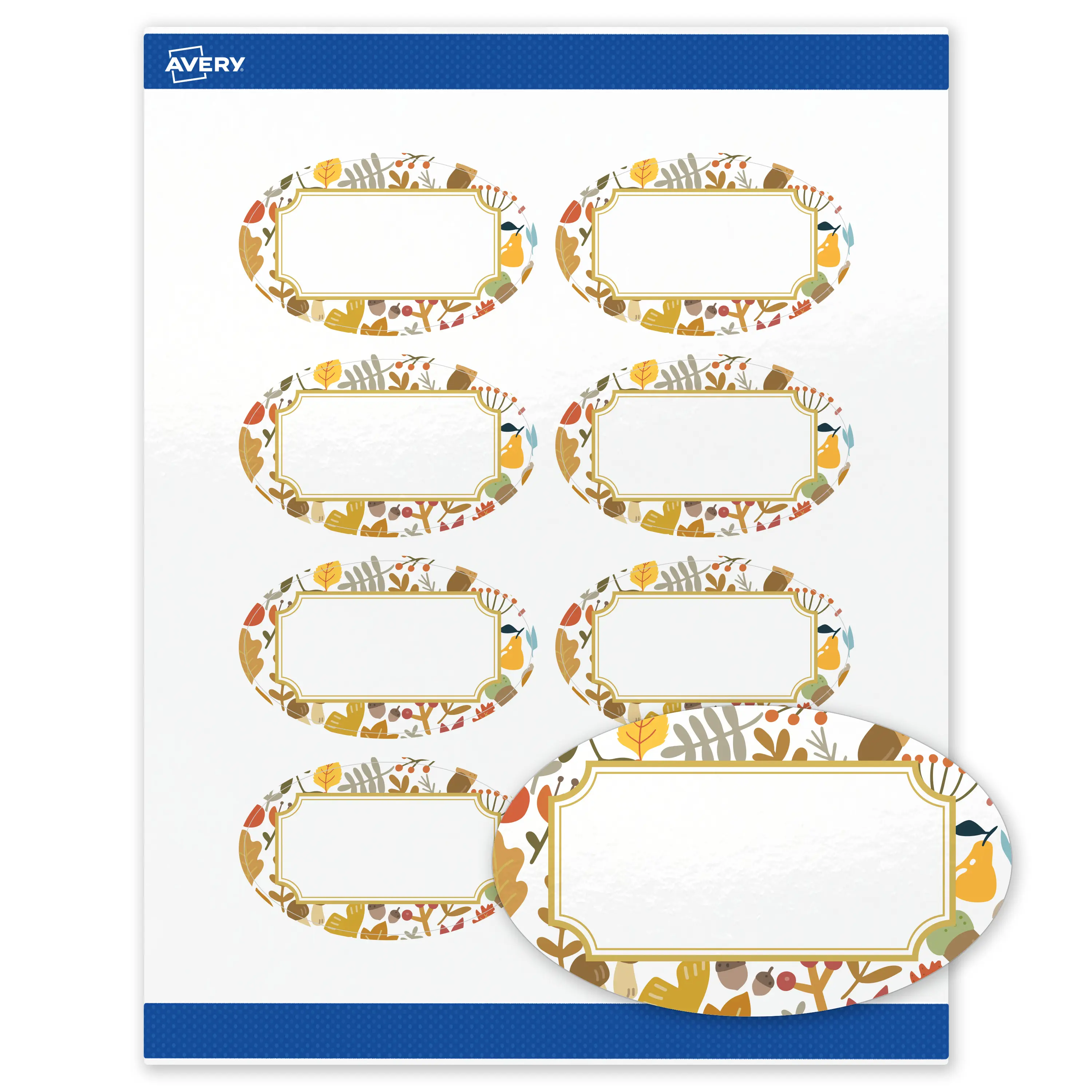 Avery® Printable Oval Labels, 2" x 3-1/3", Glossy White, Pre-printed Metallic Gold Frame, Fall Leaves Design, Sure Feed® Technology, Laser/Inkjet Compatible, 80 Total, Great for Thanksgiving Branding