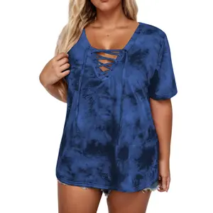 VOGARCE Plus Size Summer Tops for Women – Trendy Tie Dye V-Neck Lace Up Tunic, Casual Short Sleeve Loose Fit Tee XL-5XL VPS0187