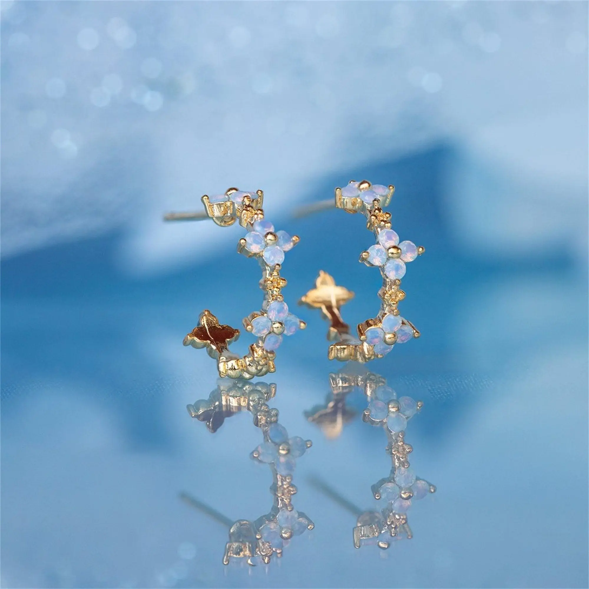 Gold Blue Opal Flower Hoop Earrings
