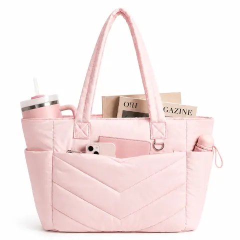 Five Seasons Home Puffy Laptop Tote Bag with 20L Large Capacity, Quilted Shoulder Bag with Multi-Pockets, Lightweight Padded Bubble Work Bag for Women, Fits up to 15.6-Inch Laptop, Backtoschoolshopping, Everyday Bag