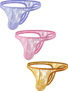 Men's Fashion Print Thongs, Sexy Lace Mesh High Cut G-Strings, Breathable Sweat Absorbent Sports Underwear, Summer Comfort Shorts