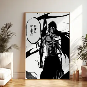 Bleach Ichigo Kurosaki Final Getsuga Tensho Poster, Mugetsu Transformation Anime Wall Art, Black & White Manga Style Print for Otaku Decor