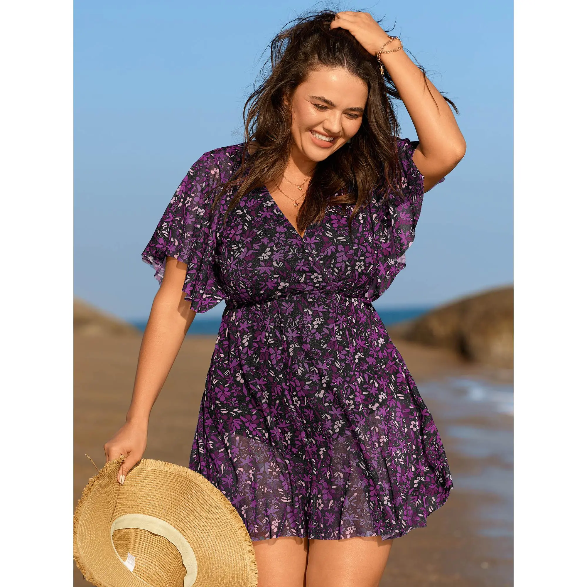 BLOOMCHIC Plus Size Swim Dress - Tummy Control Modest Mom Swimwear Bright Floral Sheer Print [M-6X] (Women's Swimsuits Plus Size Bathing Suits Bright Floral Swimdresses),Summerfinds