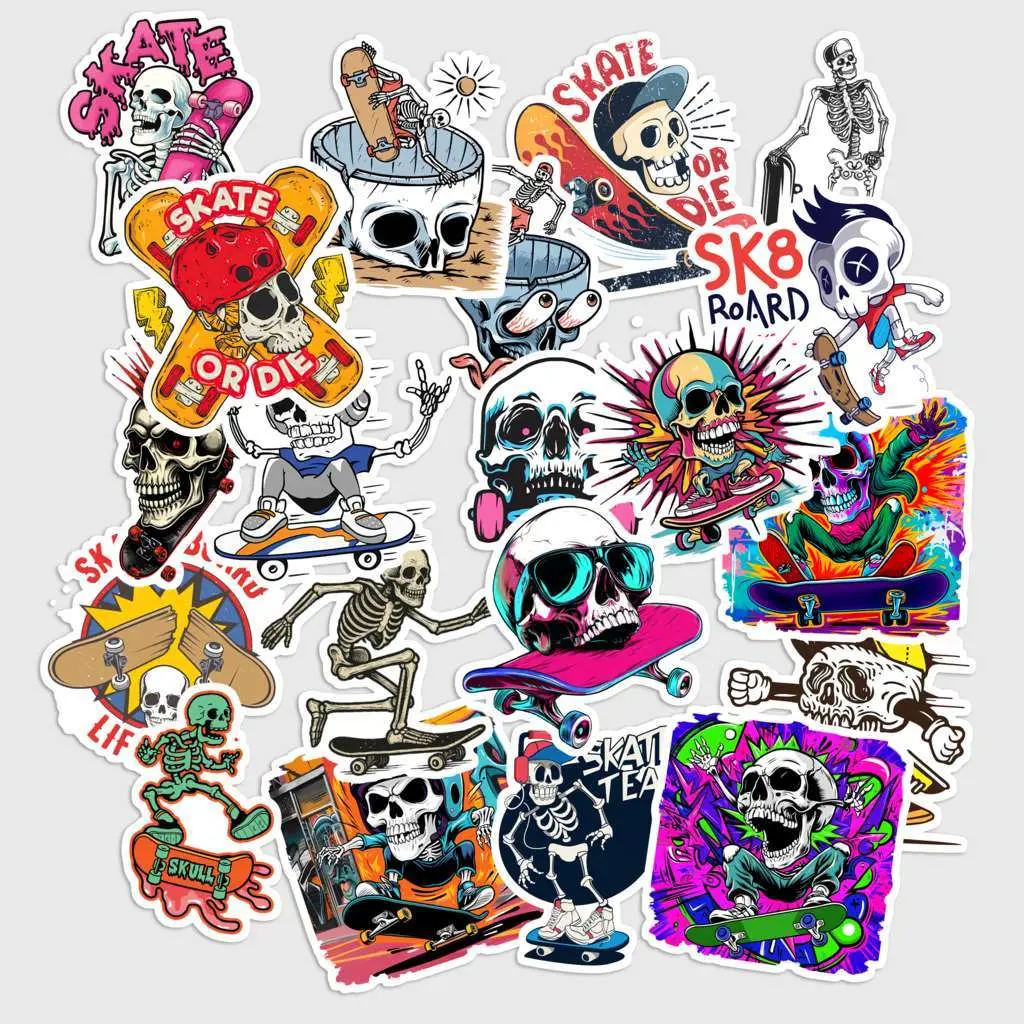 Sticker Pack 20 Skateboarding Skull Sticker, Cool Skeleton Skater Decal, Street Style Vinyl Sticker for Skateboard, Laptop