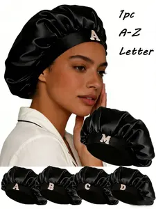 A-Z Letter Satin Sleep Bonnet, Personalized Black Silk Hair Cap for Curly Hair, Anti-Frizz Night Headwrap for Women, Luxury Hair Protection Sleep Hat