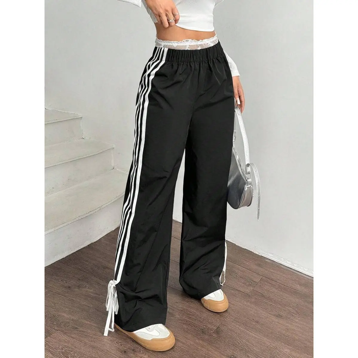 EZwear Women Black Side Contrast White Tape Elastic Waist Pants