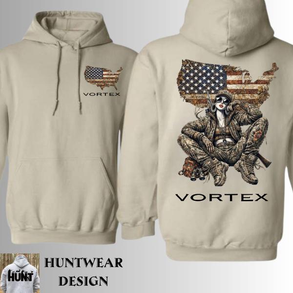 Vortex USA Camo Hoodie – American Flag Map Graphic with Outdoor Camo Girl Artwork for Men & Women | Patriotic Streetwear & Outdoor Apparel by Huntwear Design