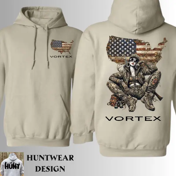 Vortex USA Camo Hoodie – American Flag Map Graphic with Outdoor Camo Girl Artwork for Men & Women | Patriotic Streetwear & Outdoor Apparel by Huntwear Design