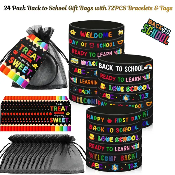 24 Pack Back to School Gift Bags with 72PCS Bracelets & Tags, First Day of School Student Gifts, Classroom Prizes, Teacher Appreciation Gifts, Party Favor Supplies