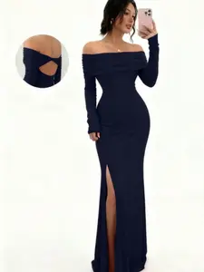 Elegant Long Sleeve Split Back One-Shoulder Dress, Sexy Bodycon A-Line Midi Dress, Perfect for Special Occasions, Women's Fashion