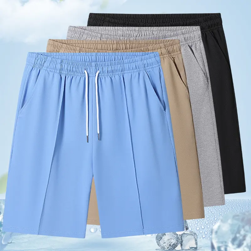 Men's Quick Dry Ice Silk Shorts with Pockets - Elastic Waist Drawstring, Lightweight Clothes with Pleated Front, Relaxed Cut, Standard Sizes for Gym, Beach, Casual