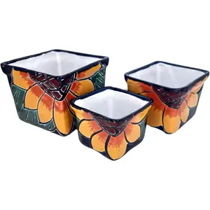 Authentic Talavera Hand-Painted Mexican Ceramic Sunflower Pots Set of 3