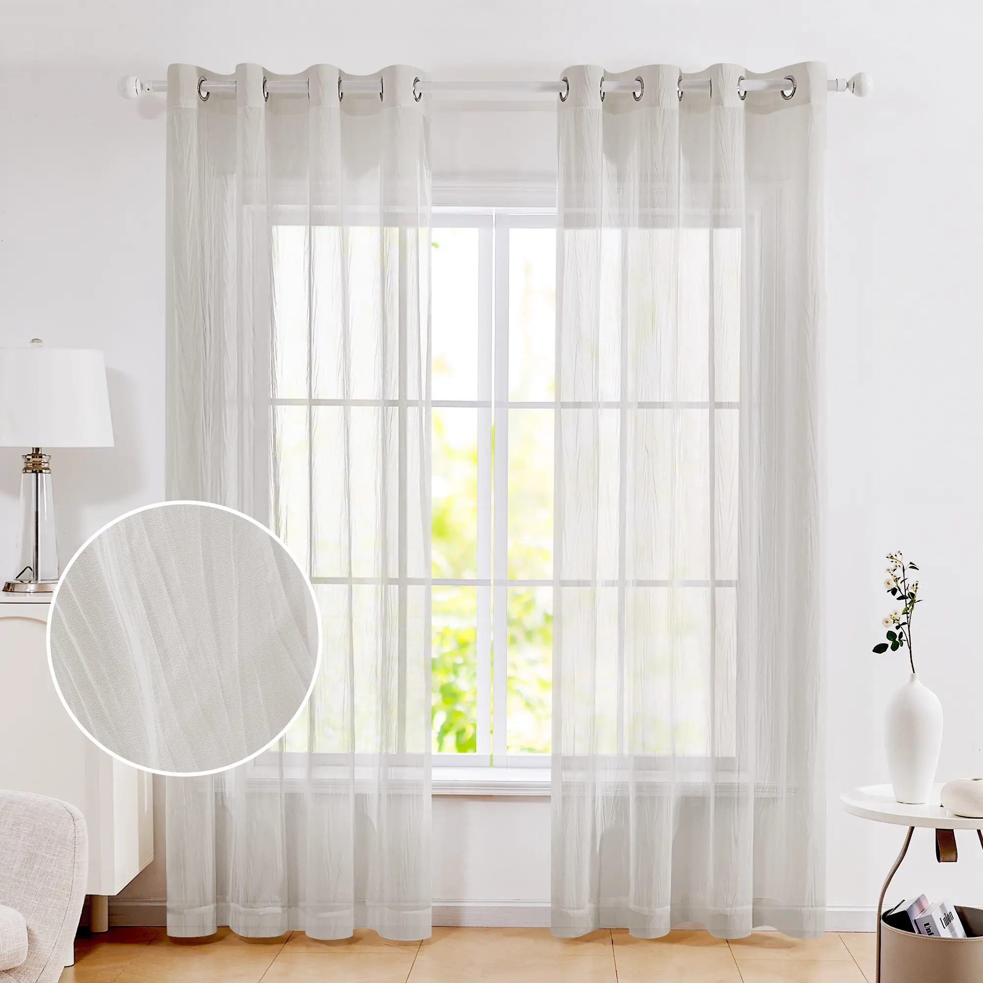 Deconovo Modern Soft Crinkled Sheer Net Curtain Window - 2-Panel Grommets Curtains Easy Install Set, Textured Drapes for Bedroom, Living Room, Hand Wash Only, Do Not Bleach