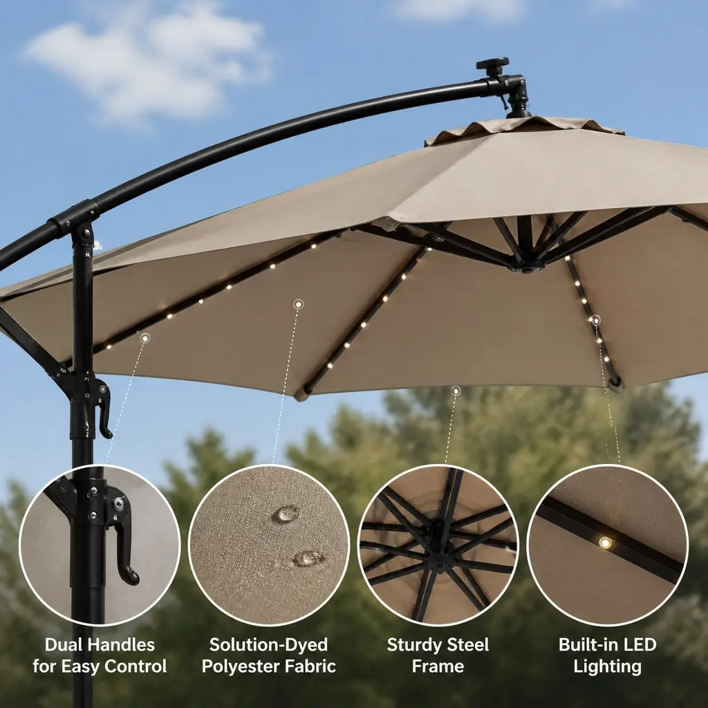 10ft Offset Arch Hanging Market Patio Umbrella with Steel Frame, Dual Handles, Modern Outdoor Lighting, Outdoor Solar LEDs, Large Shade, Easy Setup, Khaki (No Base), Outdoor Solar Lights - TikTok Shop 10ft Offset Arch Hanging Market Patio Umbrella with Steel Frame, Dual Handles, Modern Outdoor Lighting, Outdoor Solar LEDs, Large Shade, Easy Setup, Khaki (No Base), Outdoor Solar Lights - TikTok Shop