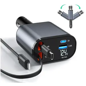 4 in 1 Retractable Car Charger, USB C Fast Charging Adapter with Lightning Cable Compatible with iPhone 16/15/14/13 Pro Max Plus, Samsung S23/S22/S10