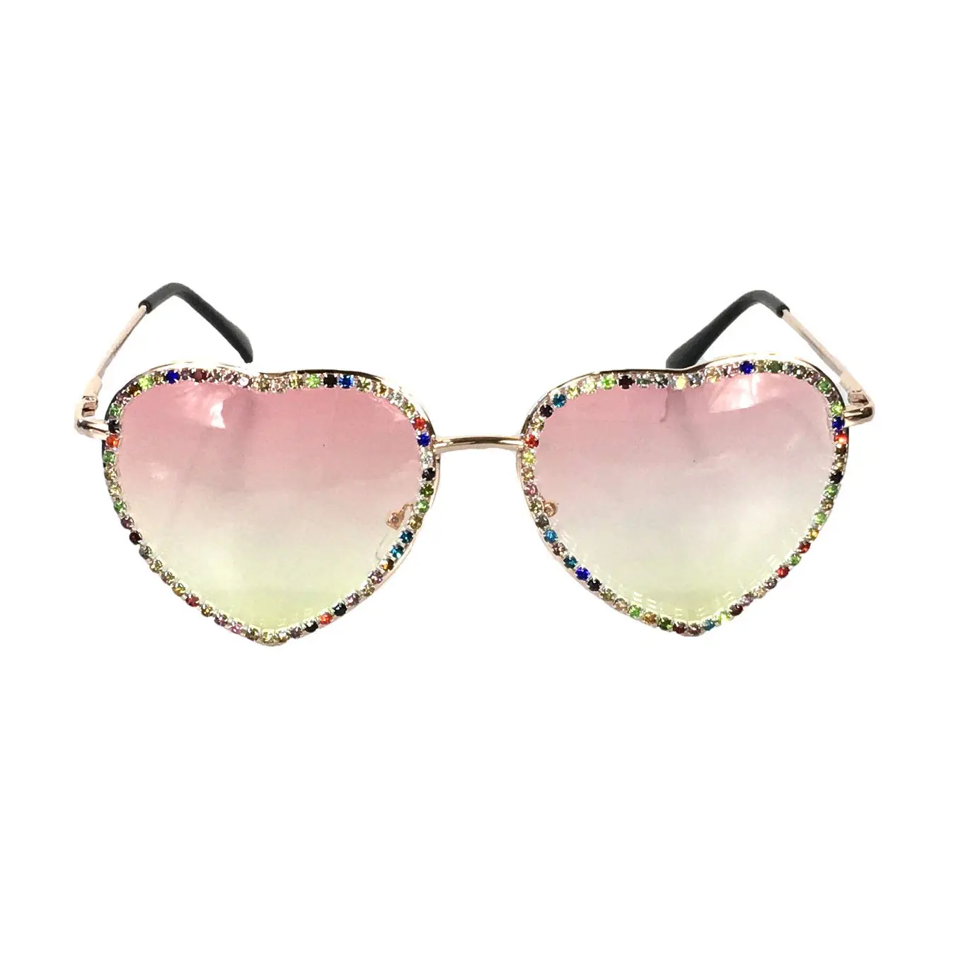 Female Women's Heart-Shaped Sunglasses - Rose Gold Frame with Rainbow Stones Trim, Gradient Ombre Tinted Lenses for Fun and Playful Bold Looks