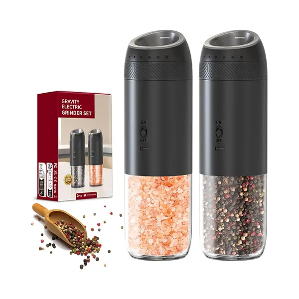 KVKID Gravity Electric Salt and Pepper Grinder Set, Automatic Salt Pepper Mill Grinder with Adjustable Coarseness, Large Capacity, LED Light & Easy Refill, USB Rechargeable Spice Grinders for Kitchen