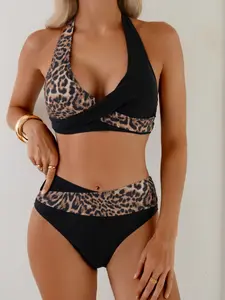 New Leopard Print Bikini Neck Tie 2-Piece Swimsuit, Criss Cross Swimsuits, Crossed Swimwear, Beach Clothing, Stylish and Comfortable, Perfect for Summer