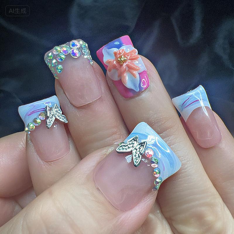 Butterfly & Floral Rhinestone Press On Nails 3D Flower Art Crystal Edges Nude Pink Floral Nail Set Handmade Luxury Nails with Iridescent Bands & Butterfly Charms