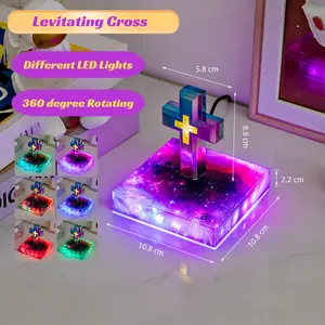Magnetic Levitation Starry Base lamp Laser Cross Bible Verse LED Light Floating Jesus Holy Spirit Decoration Religious Ornaments Christmas Holiday Adult Children Gift Wooden
