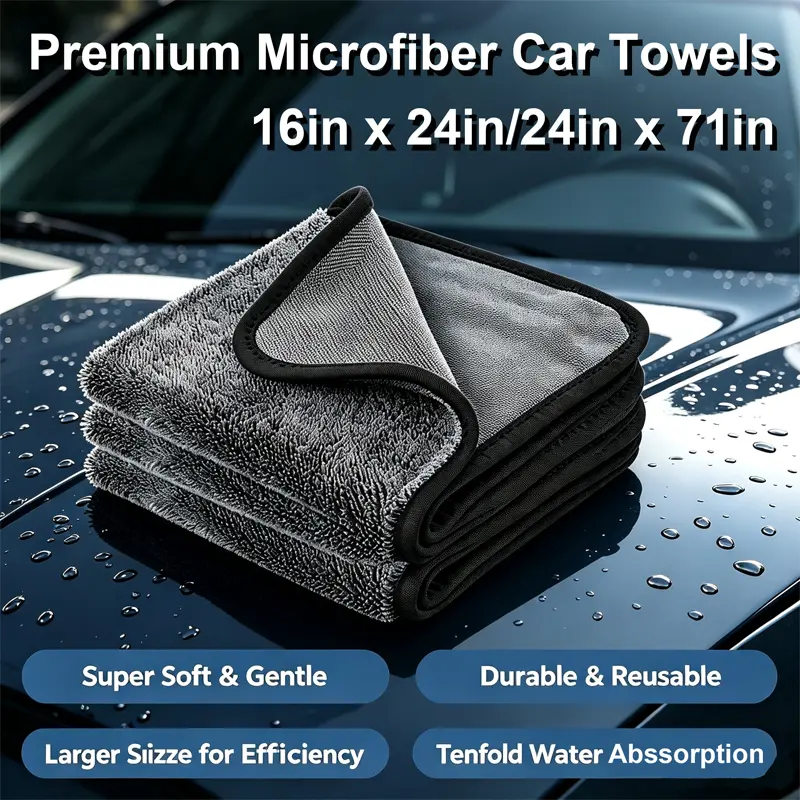 QIFOR Microfiber Towels for Cars, Featuring 1300 GSM Premium Microfiber, Ultra Absorbent Twisted-Loop Design, Dries Quickly Without Leaving Water Marks, for Cars, SUVs, RVs, Trucks, and Boats, 16in x 24in/24inx 71in, Grey.