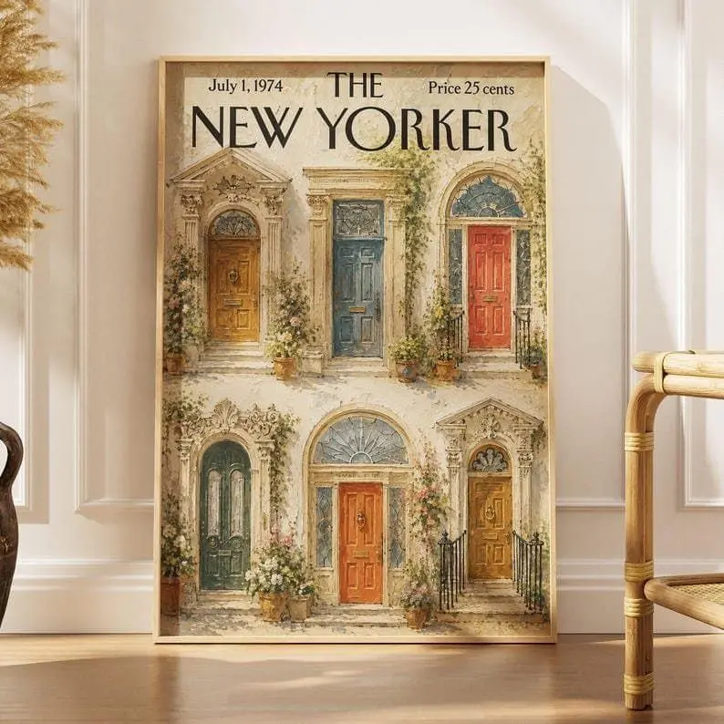 [Unframed] Vintage New Yorker Colorful Doors Poster, Brownstone Wall Art, Wall Art Template, Home Decor Prints