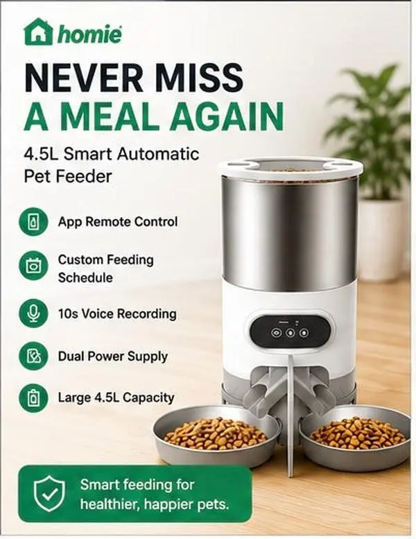 Homie SmartFeed Pro Automatic Pet Feeder - 4.5L, Dual Stainless Steel Food Trays, WiFi Control, Easy-to-Clean Removable Components, Power Supply, Backup Power Support, for Dogs and Cats, Pet Feeding Supplies, Automatic Feeder