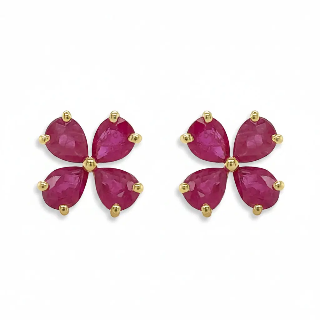 Pear-Shaped Gemstone Flower Stud Earrings – 18k White and Yellow Gold