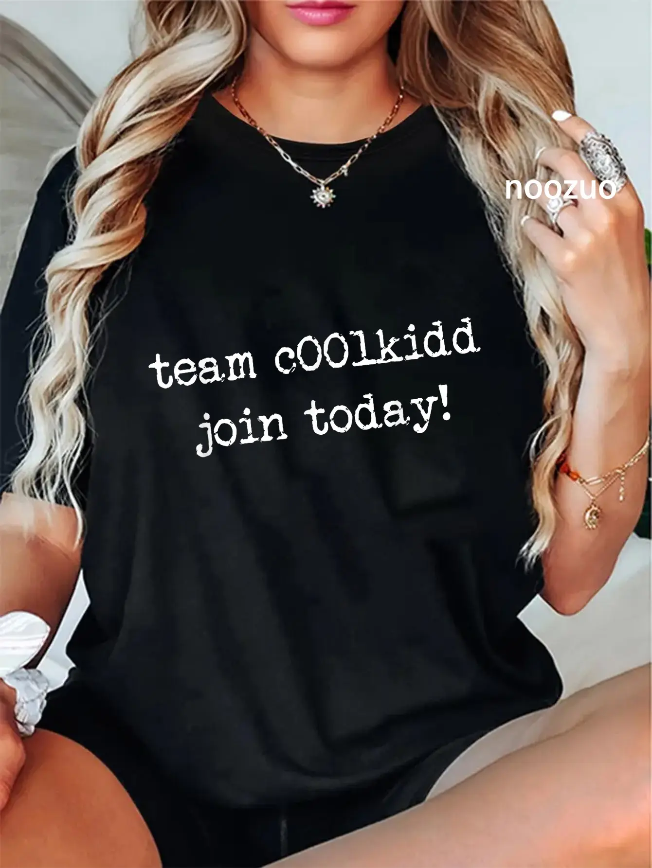 Women's Casual Graphic T-Shirt with Funny "Team Coolkidd" Quote, 100% Cotton Round Neck Top for Everyday Wear, Tshirt, Streetwear, Vintage, Crew Neck, Playful Look