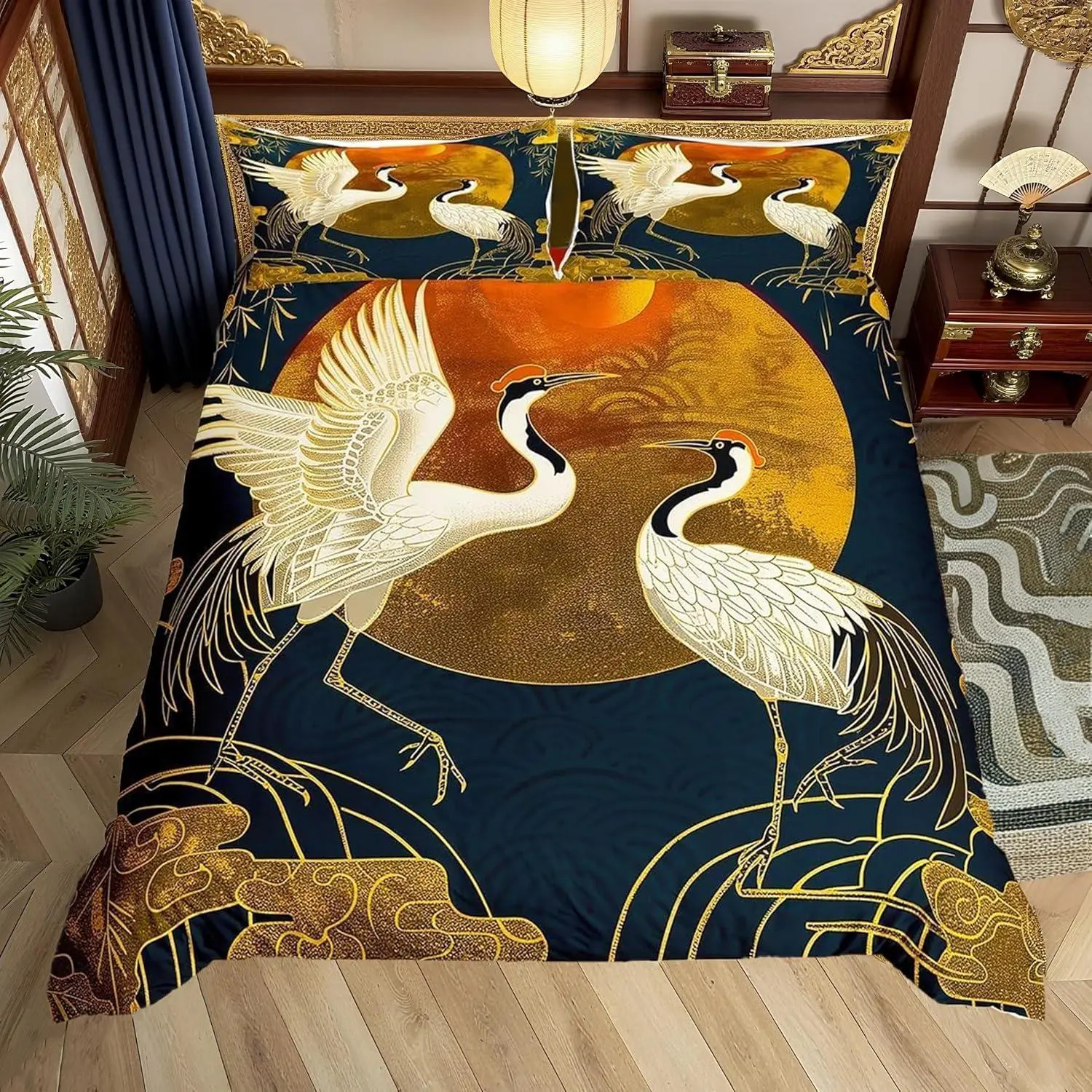 Japanese Crane Duvet Cover Set,Gold Sun Cloud Stripes Bedding Set,Retro Ukiyoe Leaf Print Comforter Cover for Adult Women Men Room Decor,Wild Animals Quilt Cover