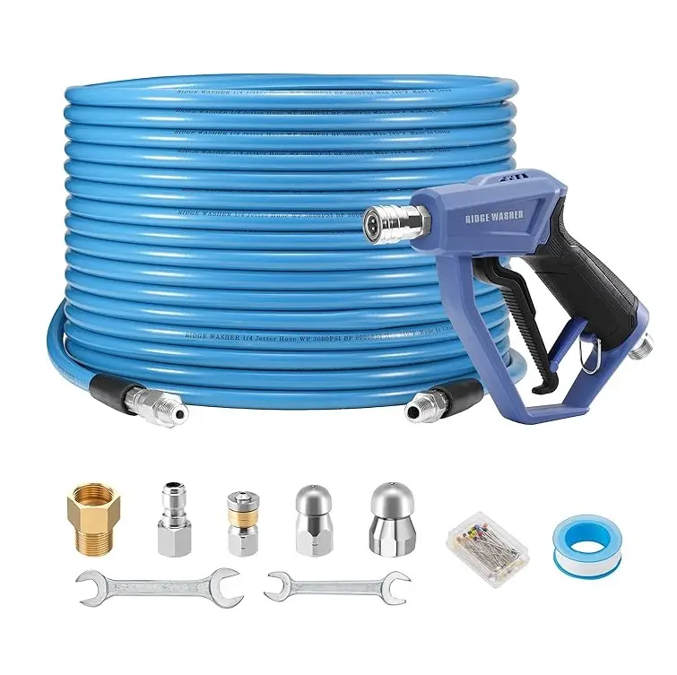 RIDGE WASHER Sewer Jetter Kit for Pressure Washer 100FT 3600 PSI Drain Cleaning Hose with Short Pressure Washer Gun 1/4 Inch NPT Corner Rotating and Button Nose Sewer jeting waterpipe Nozzle