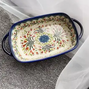Oval Ceramic Baking Dish with Hand Drawn Polish Tricolor Pansy Design, Oven Safe Non-Stick Surface for Christmas Roasts and Thanksgiving Casseroles, Heat Resistant Bakeware
