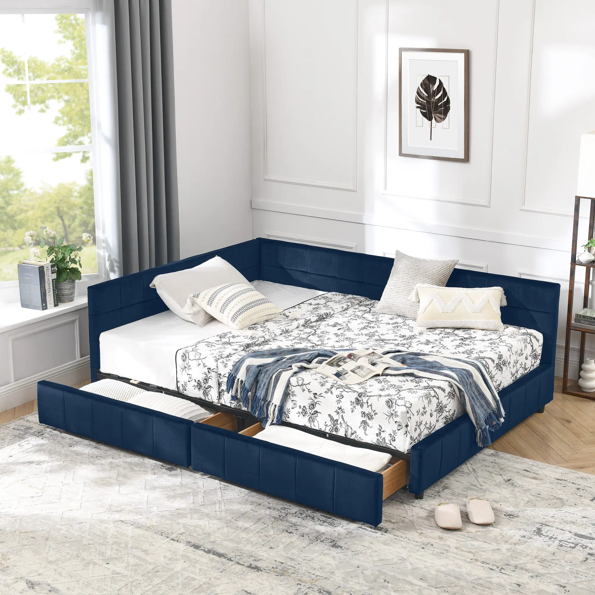 Full Size Velvet Daybed with Storage Drawers, Tufted Backrest and Single Armrest, Mid-Century Upholstered Bed Frame for Bedroom or Living Room, No Box Spring Needed, Dark Blue